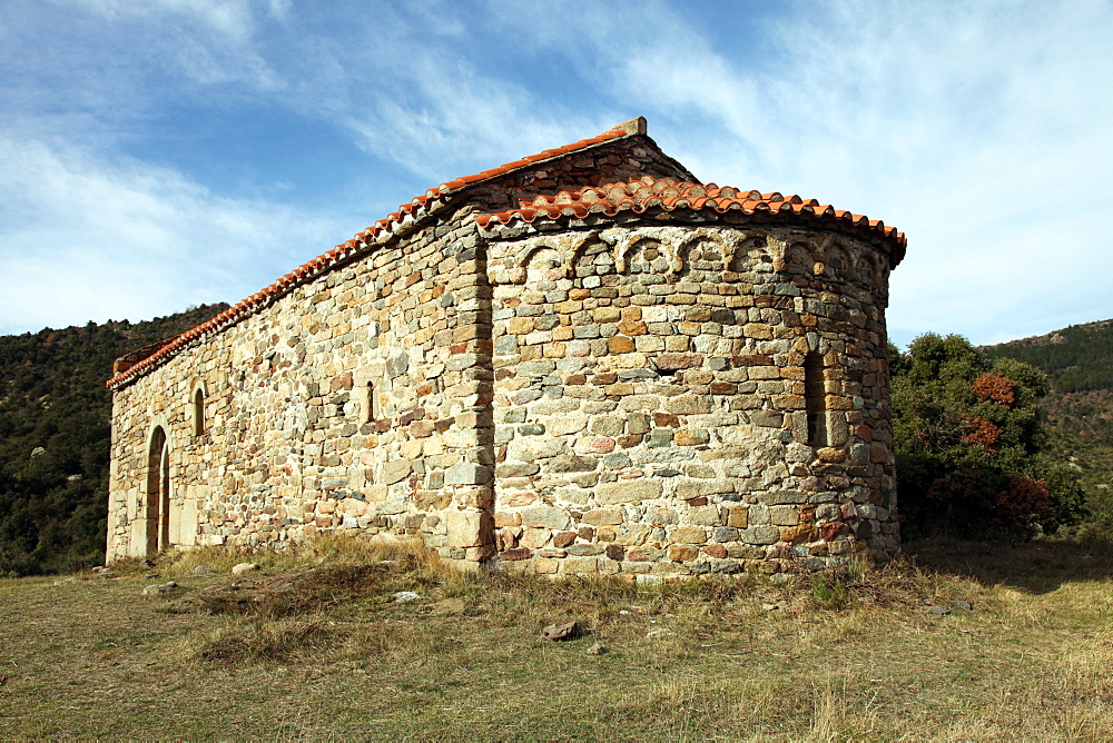 Chapel of St. Eulalia, probably built in the 3rd century AD, near Arboussols, Pyrenees-Orientales, Languedoc-Roussillon, France, Europe 