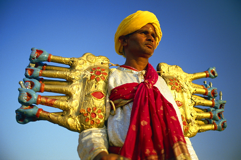 Actor playing Ravana, the demon god of Lanka, one of the central characters of the Ramlilla, the stage play of the Hindu epic the Ramayana, Varanasi, Uttar Pradesh state, India, Asia