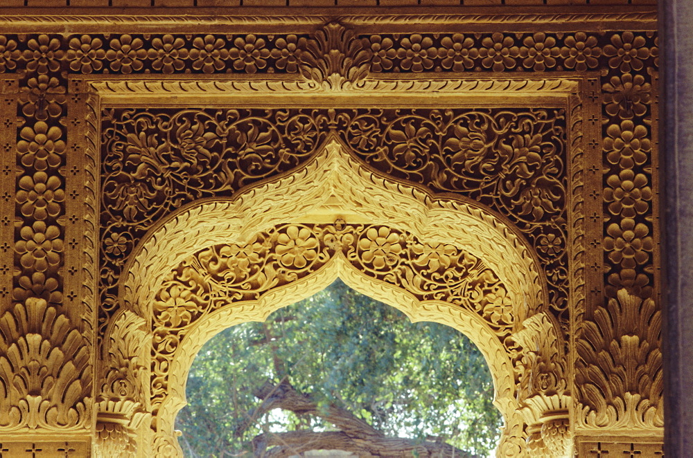 Restoration in the interior of the Jain temple, Amar Sagar, near Jaisalmer, Rajasthan, India