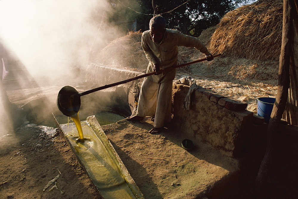 Pouring liquid sugar, after sugar cane harvest, Gujarat state, India, Asia