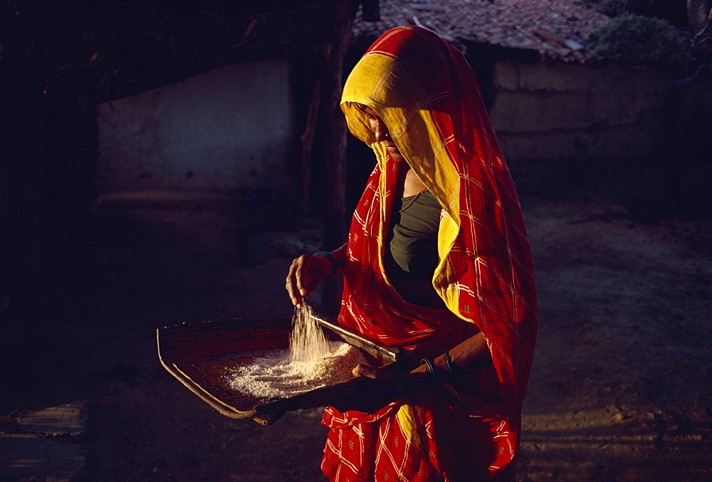 Woman cleaning rice for evening meal, Gujarat, India, Asia