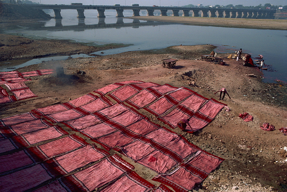 Washing and drying block printed textiles, Ahmedabad, Gujarat state, India, Asia