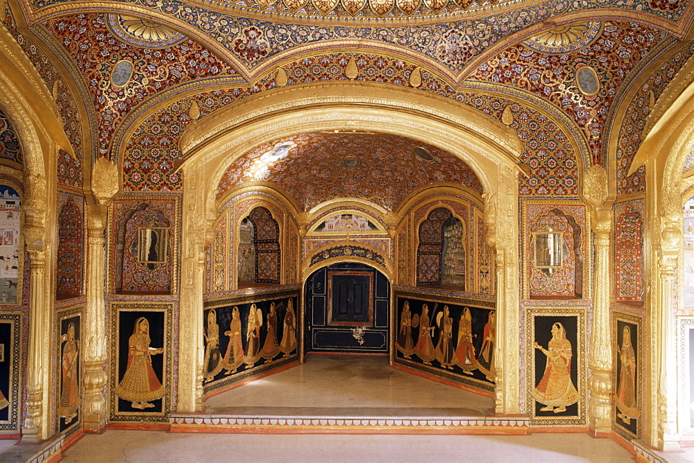 Painted and gilded public reception area, Kuchaman Fort, Rajasthan state, India, Asia