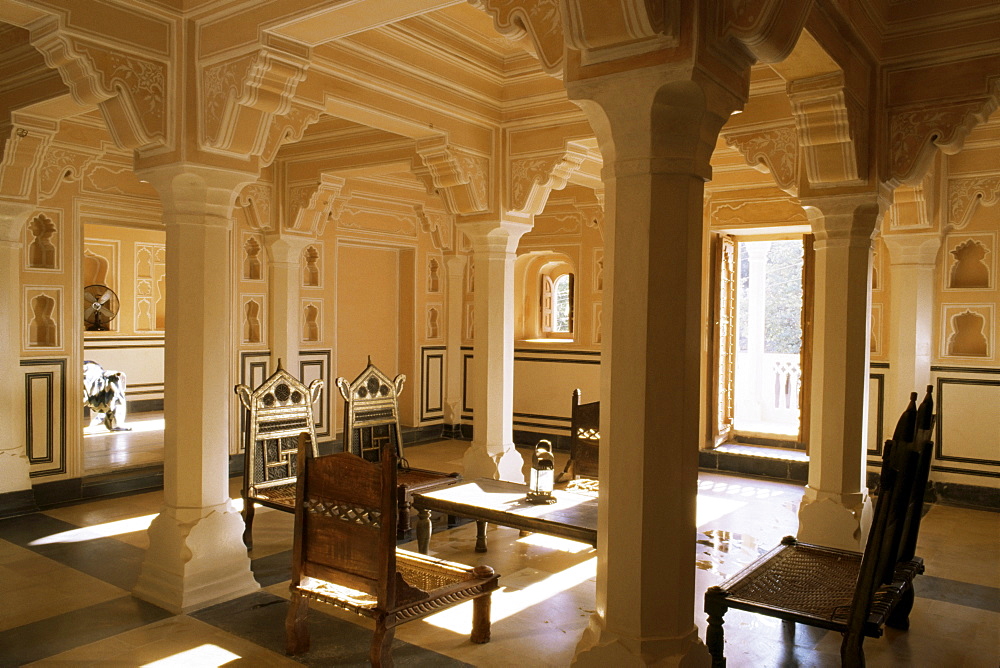 A 400 year old restored merchant's haveli, all stone structure, Amber Havali (mansion), Amber, near Jaipur, Rajasthan state, India, Asia