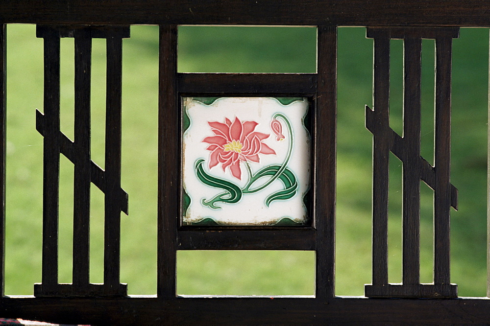 Detail of art deco style tile inset into swing bed or hitchkar, near Ahmedabad, Gujarat state, India, Asia