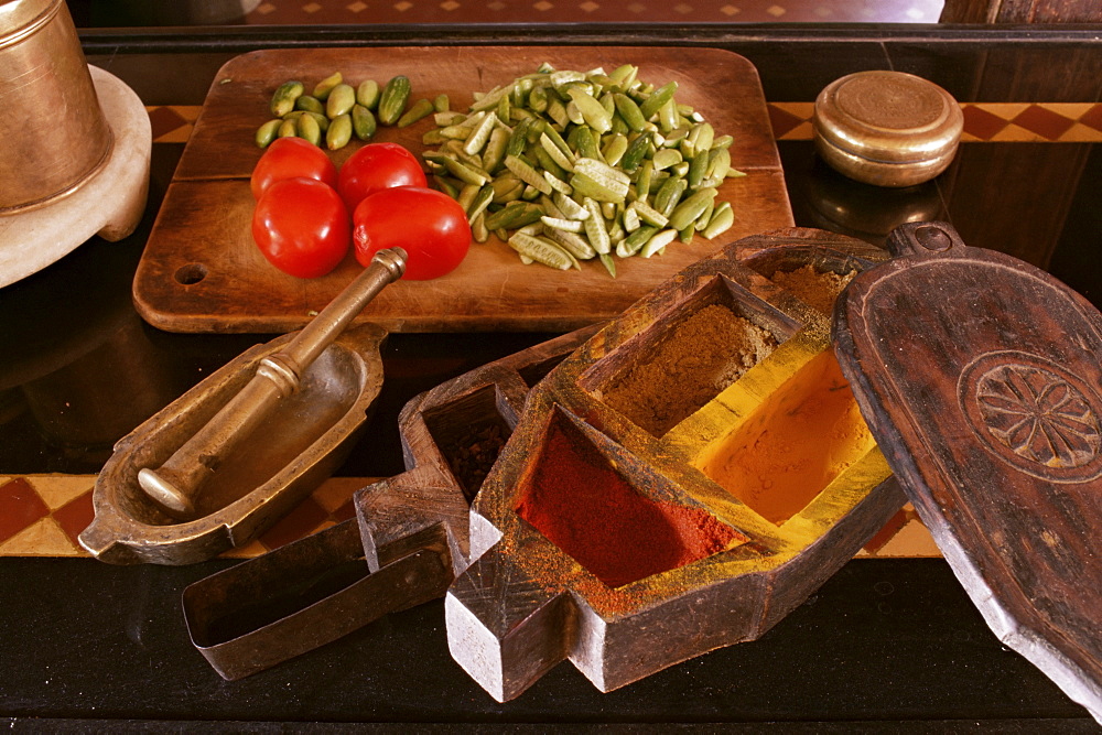 Old spice box and brass pestel and mortar in restored traditional Pol house, Ahmedabad, Gujarat state, India, Asia