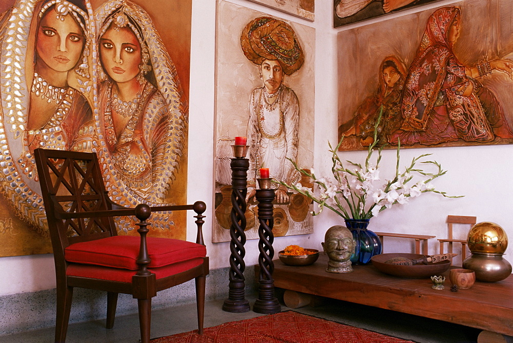 Paintings by Jaya Rastogi Wheaton, in Artist's house in Jaipur, Rajasthan state, India, Asia