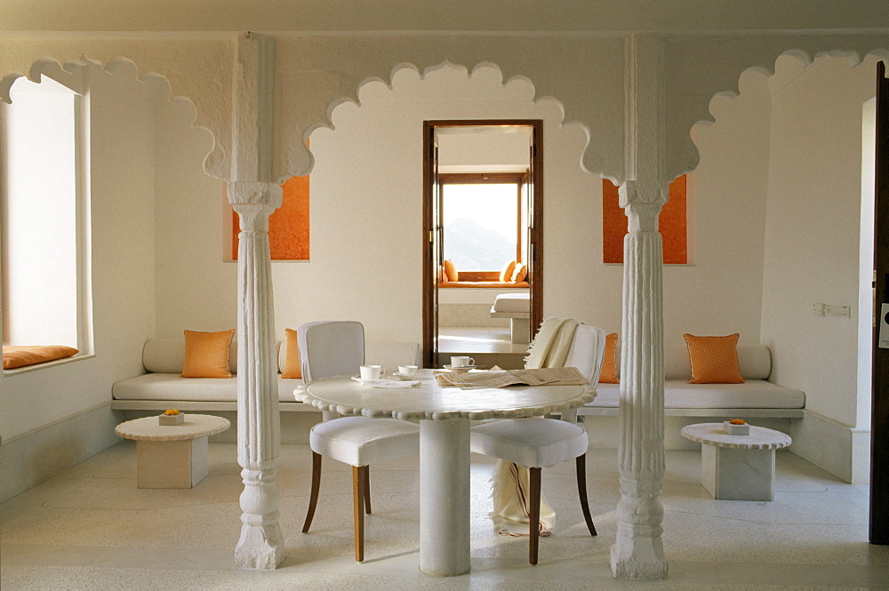 Sitting and dining area in one of the guest bedrooms, Devi Garh Fort Palace Hotel, Devi Garh, near Udaipur, Rajasthan state, India, Asia