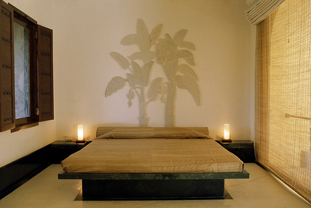 Bedroom suite with dramatic marble relief depiction of banana trees, Devi Garh Fort Palace Hotel, near Udaipur, Rajasthan state, India, Asia