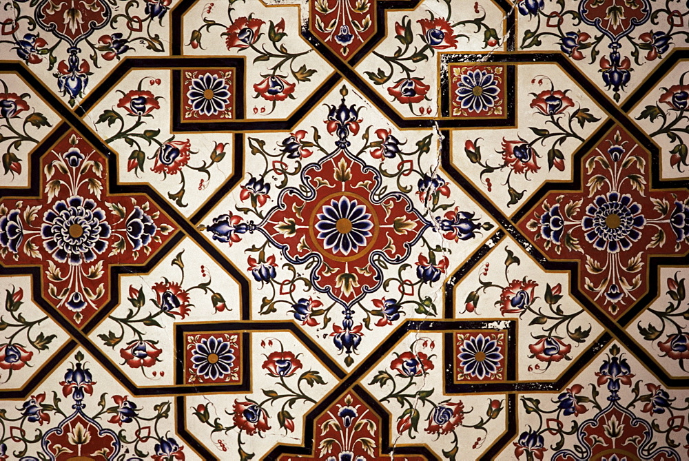 Detail of the exquisite wall painting in the Grand Durbar Hall, Samode Palace, Samode, Rajasthan state, India, Asia