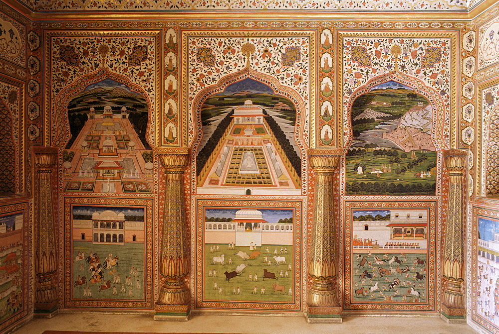 Detail of the fine wall paintings in the City Palace, Jaipur, Rajasthan state, India, Asia