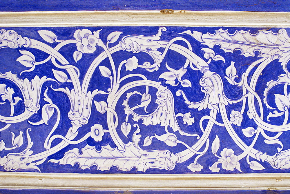 Abstract or stylized floral motif, chalk blue and white painted Mahal (hall), The City Palace, Jaipur, Rajasthan state, India, Asia