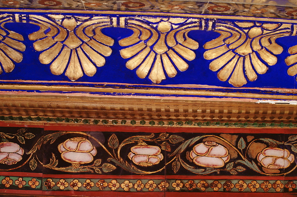 Decorative detail in the Sheesh Mahal (Mirrored Hall) (hall of mirrors), Deo Garh Palace Hotel, Deo Garh, Rajasthan state, India, Asia