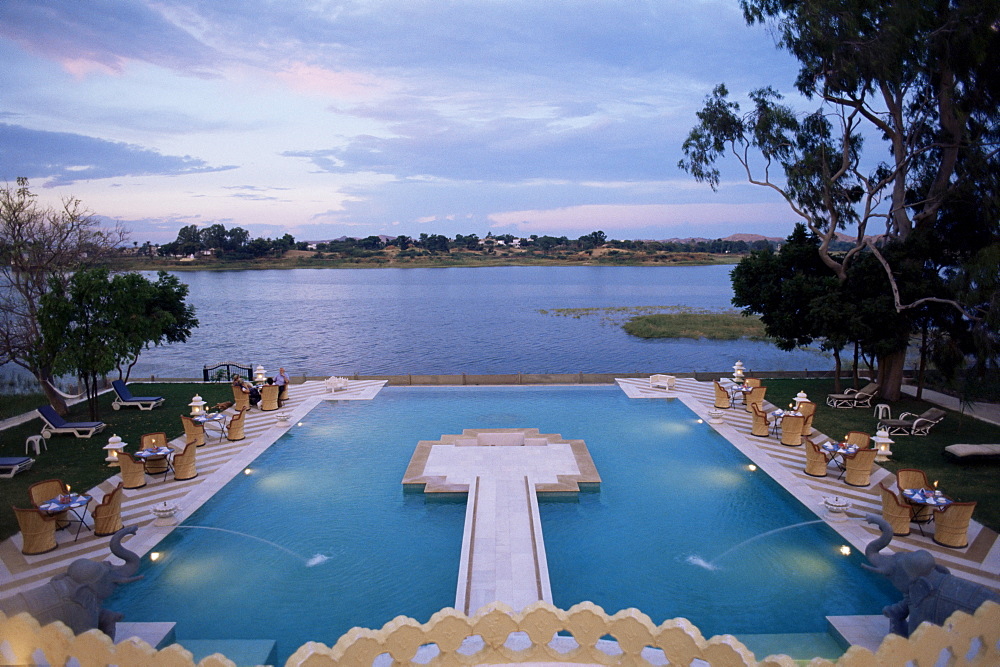 The swimming pool over looking the lake at Dungarpur, Udai Bilas Palace, Dungarpur, Rajasthan state, India, Asia 