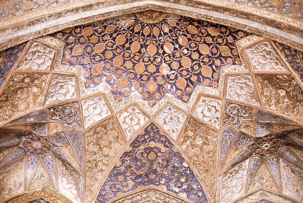 Various painted, gilded and stone inlay detail found inside and outside the tomb, the Tomb of Akbar, Sikandra, near Agra, Uttar Pradesh state, India, Asia