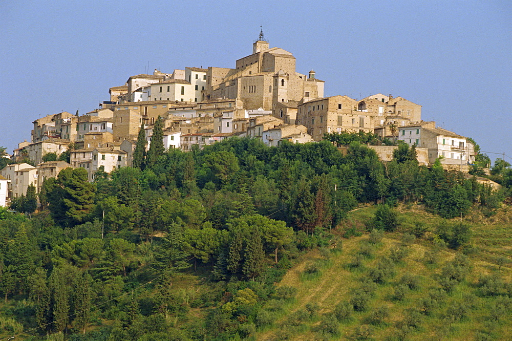 Houses and church of an ancient wine town on a hill at Loreto Aprutino in Abruzzi, Italy, Europe