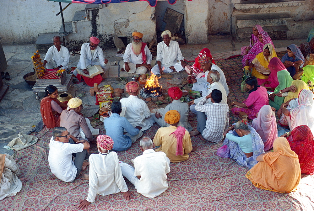 Group reading of the Holy Book at a Hindu meeting, India, Asia