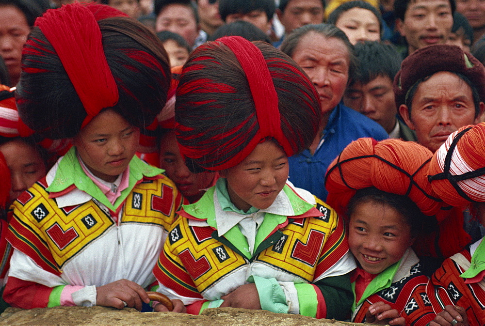 Little Flowery Miao, dressed for the Flower Ground Festival and to attract husbands, Guizhou, China, Asia