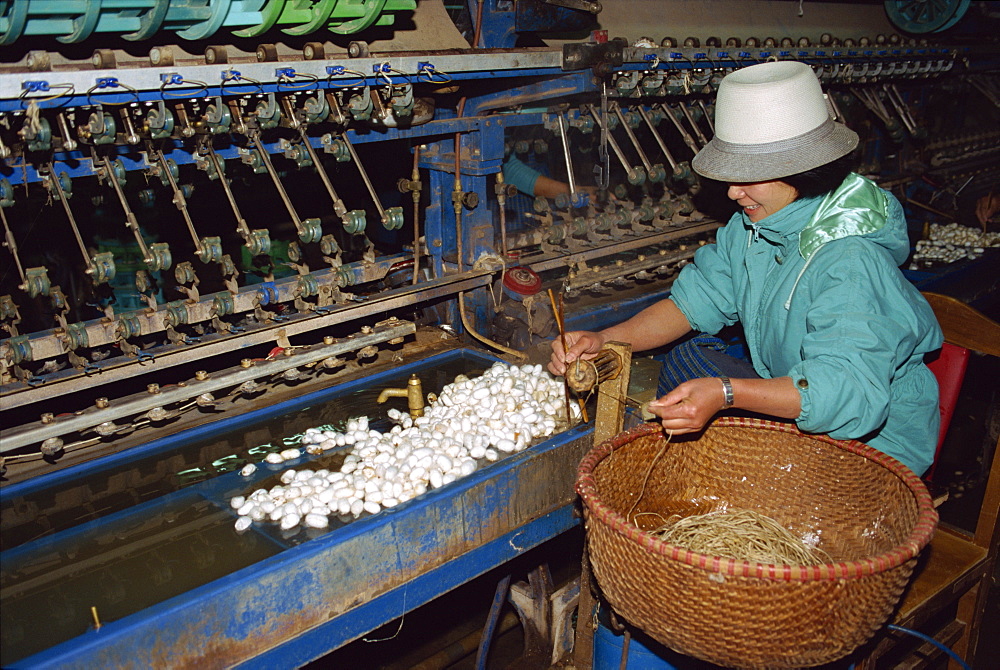 Silk for trousers, new silk factory, Mochau, North Vietnam, Indochina, Southeast Asia, Asia