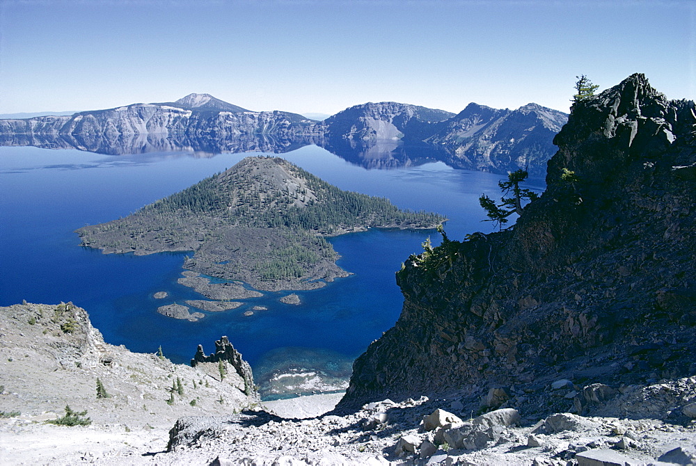 Perfect example of strato-volcano, island cone left by subsidence, Crater Lake, Oregon, United States of America (U.S.A.), North America