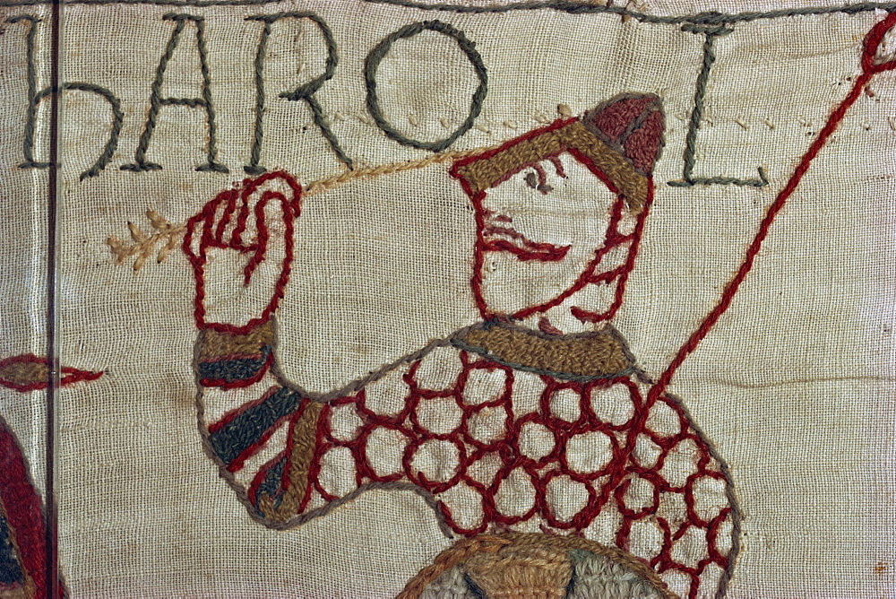 Death of King Harold showing an arrow in his eye, Bayeux Tapestry, Bayeux, Normandy, France, Europe