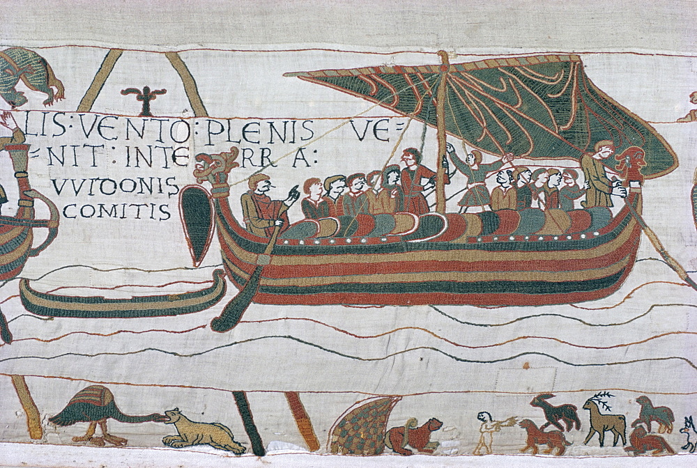 Harold steers ship across channel, a scene from the Bayeux Tapestry, Bayeux, Normandy, France, Europe