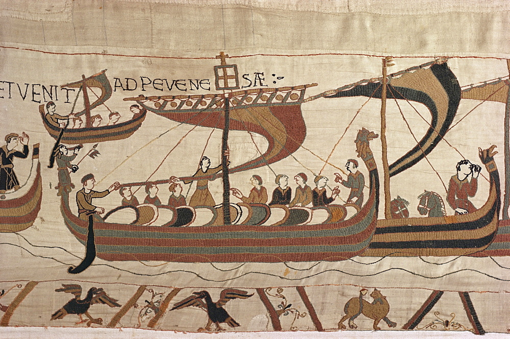 Invasion fleet, William steers ship with signal lantern on mast and stern, Bayeux Tapestry, Normandy, France, Europe