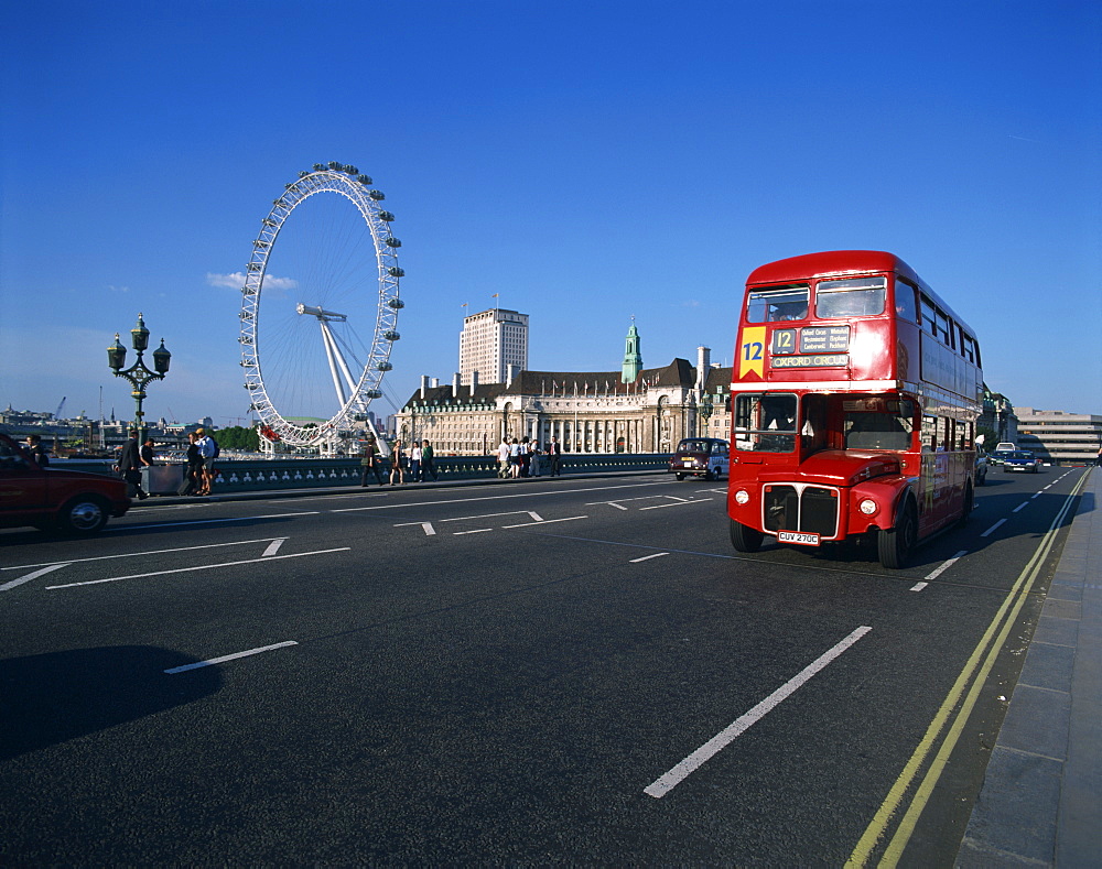 Old Routemaster bus before they were withdrawn, on Wesminster Bridge with London Eye in background, London, England, United Kingdom, Europe