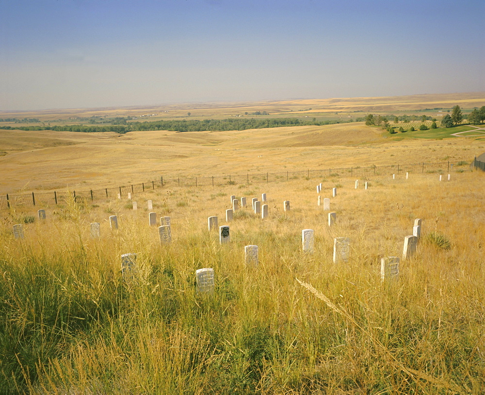 Custer's Last Stand battlefield, Custer's grave site marked by dark shield on stone, Montana, USA, North America