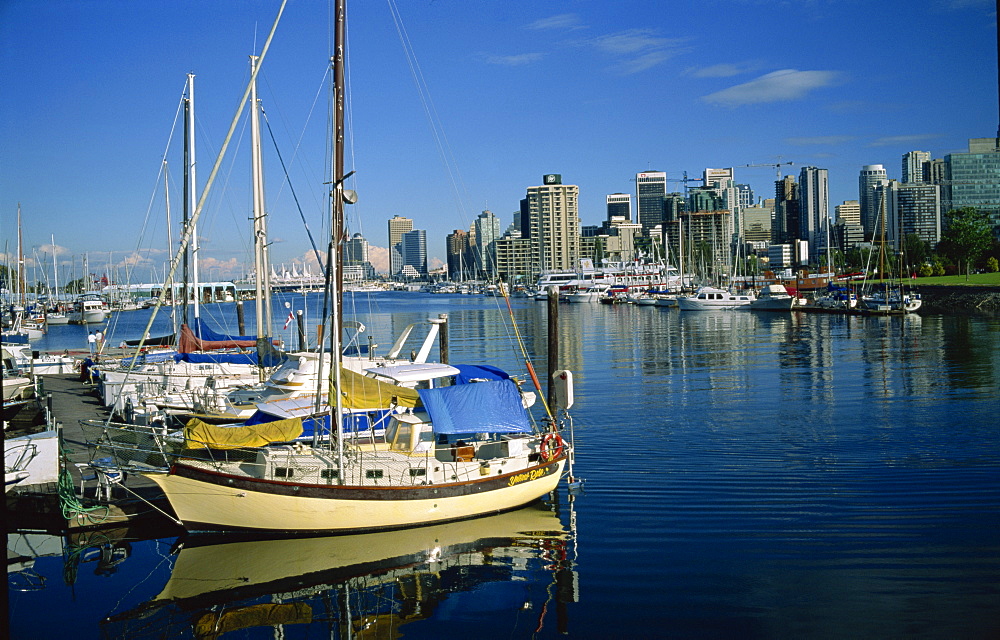 Boats in the marina at Stanley Park with the city skyline of Vancouver behind, British Columbia, Canada, North America