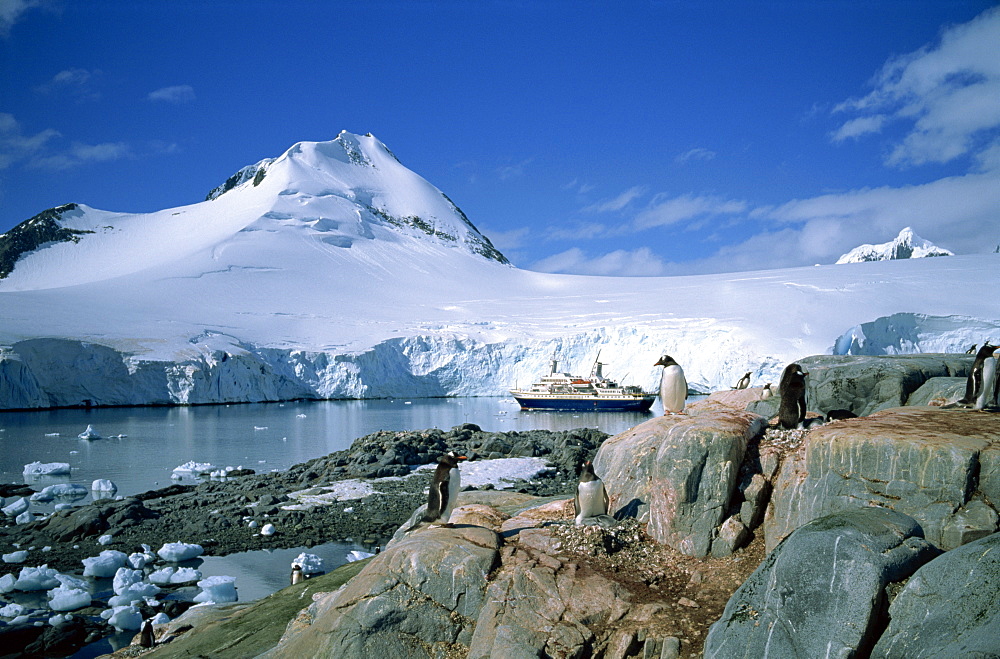 The cruise ship World Discoverer at anchor in Port Lockroy, once a Second World War British Station, now a post office, Antarctic Peninsula, Antarctica, Polar Regions