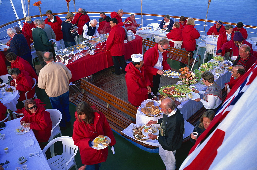 Passengers at a BBQ on cruise ship, Antarctica, Polar Regions