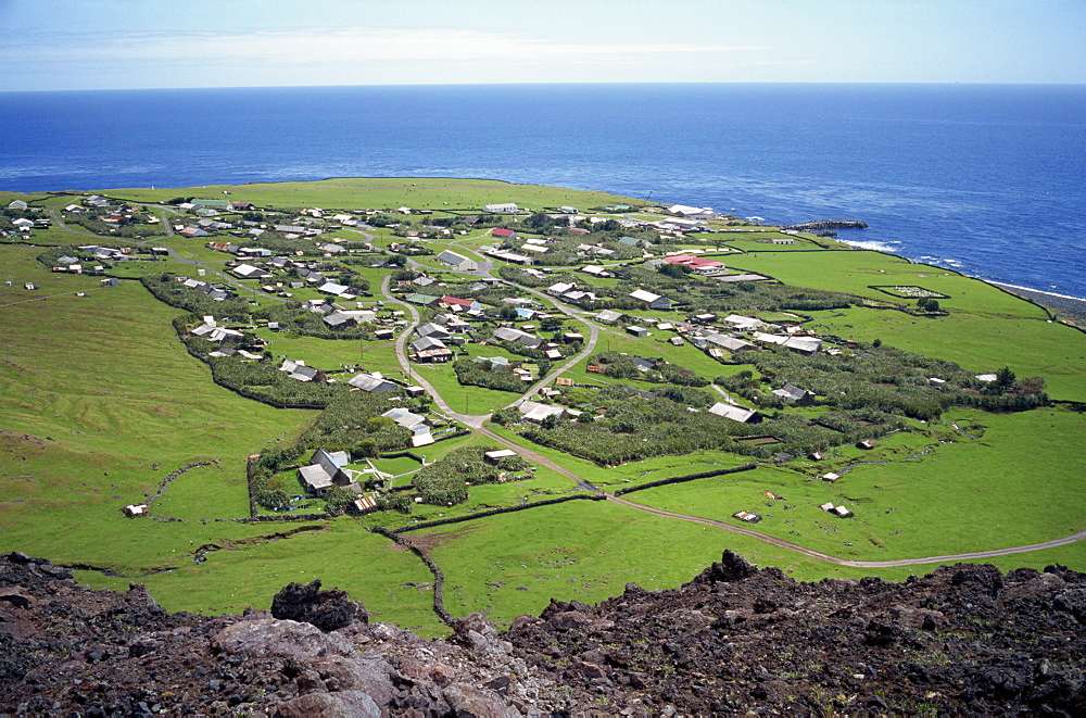 The settlement from the 1961 volcanic cone, with the ocean in the background, Edinburgh, Tristan da Cunha, Mid Atlantic