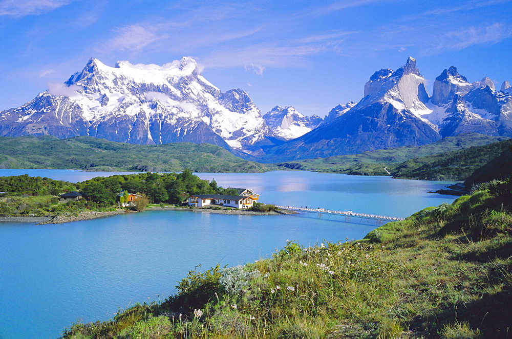 Chile, Patagonia, Torres Del Paine National Park From Lago Pehoe With Hosteria (Hotel) Pehoe. Cerro Paine Grande, 3050m (Left) Cuernos Del Paine 2600m (Right) 