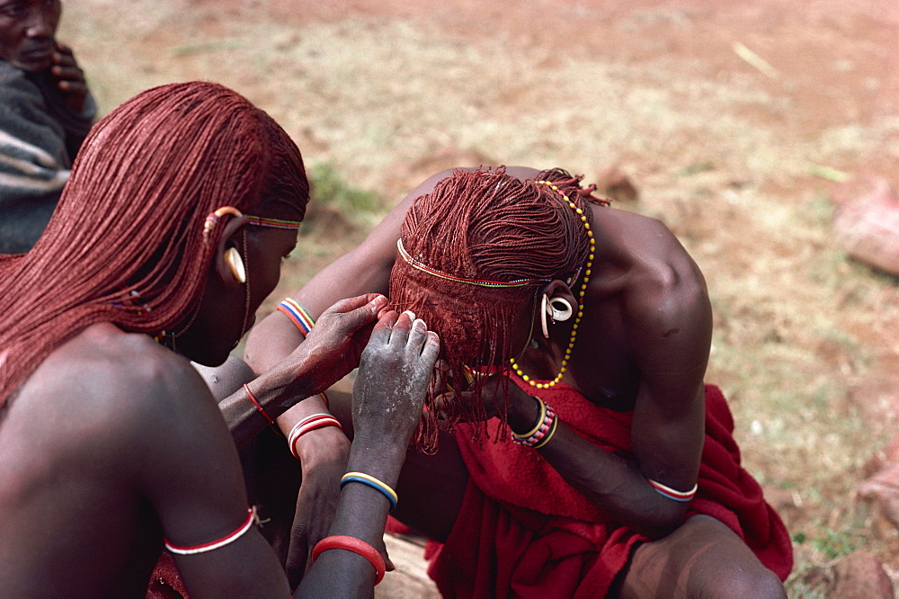 Masai moran hair braiding, Kenya, East Africa, Africa