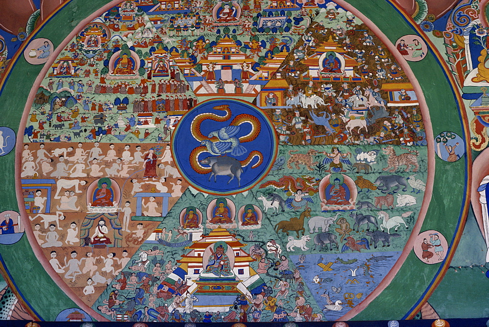 Wall painting of the wheel of life, Punakha Dzong, Bhutan, Asia