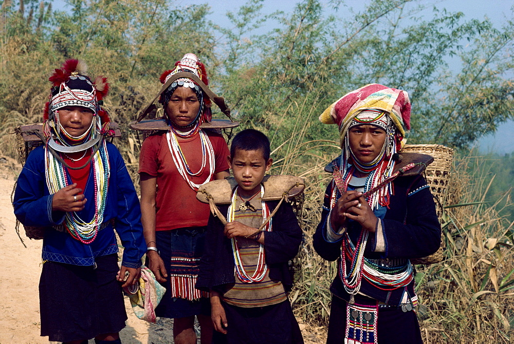 Group from the Aka (Akha) Hill Tribe in traditional dress, Chiang Rai, Thailand, Southeast Asia, Asia