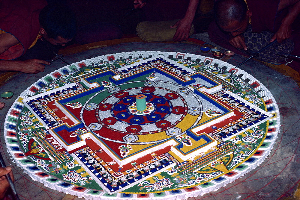 Mandala of coloured powders, Shanka Gompa, Leh, Ladakh, India, Asia