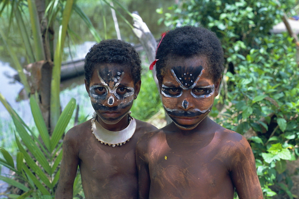 Portrait of two children with facial decoration, Sepik River, Papua New Guinea, Pacific