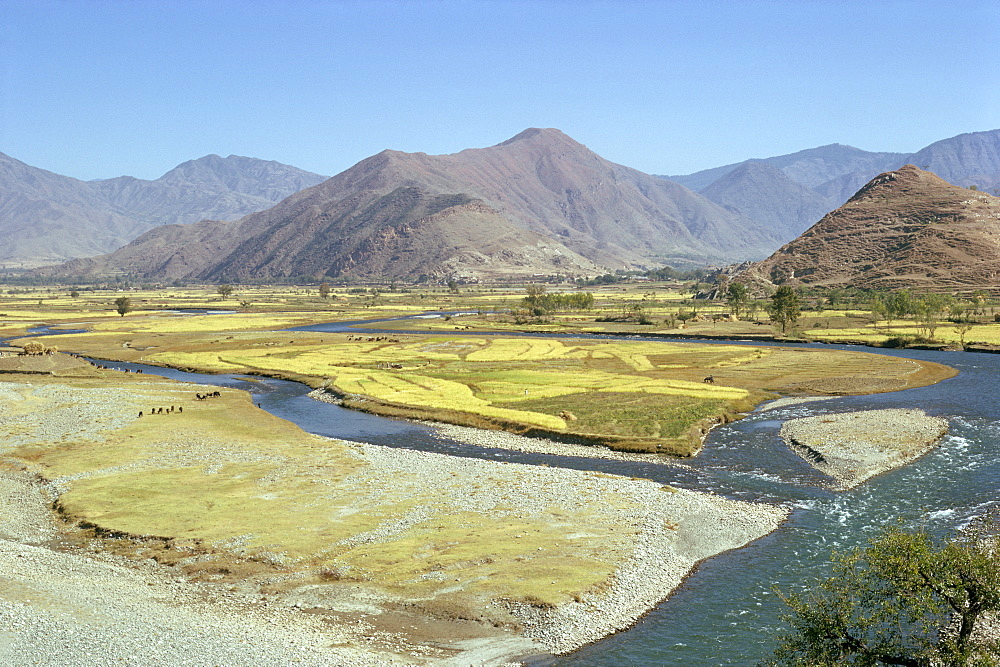 Landscape of the Swat River valley in Pakistan, Asia