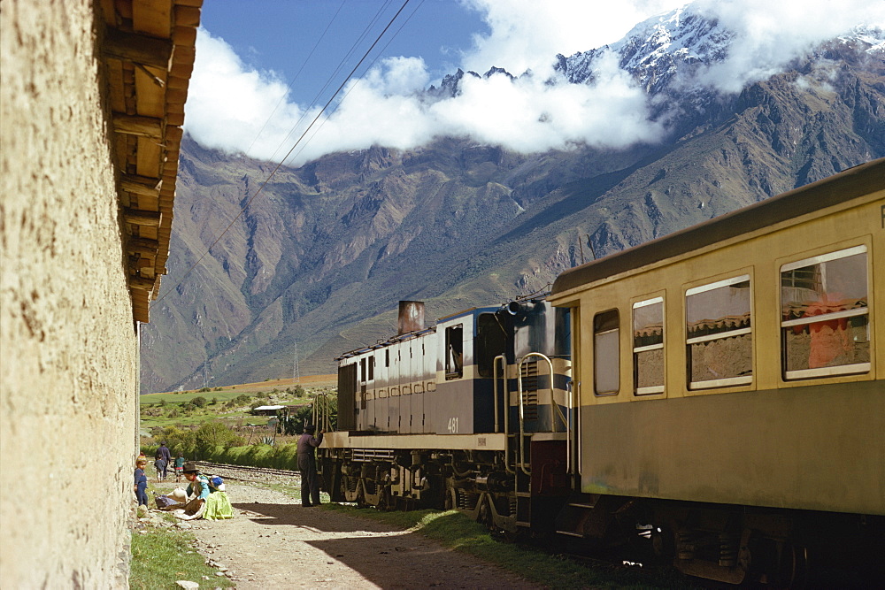 A train at a stop in the Urubamba Valley in Peru, South America