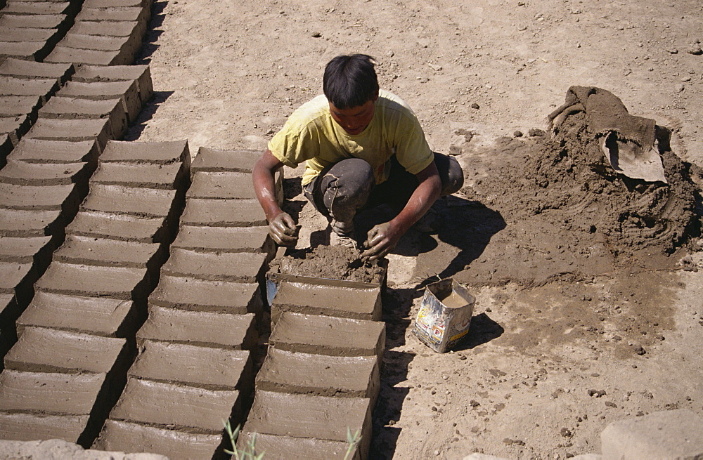 Man making mud bricks, Shey, Ladakh, India, Asia