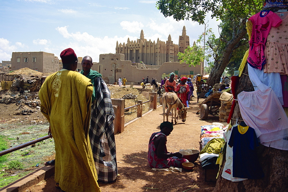 Street scene and mosque behind, Mopti, Mali, Africa