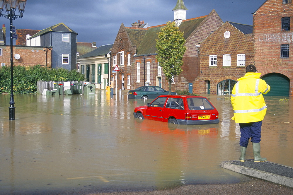 Flooded car park in town centre in October 2000, Lewes, East Sussex, England, United Kingdom, Europe