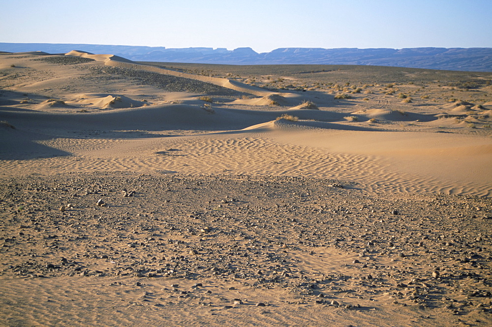 Anti Atlas mountains from the dunes at Erg Al Hatin, Draa Valley, Morocco, North Africa, Africa