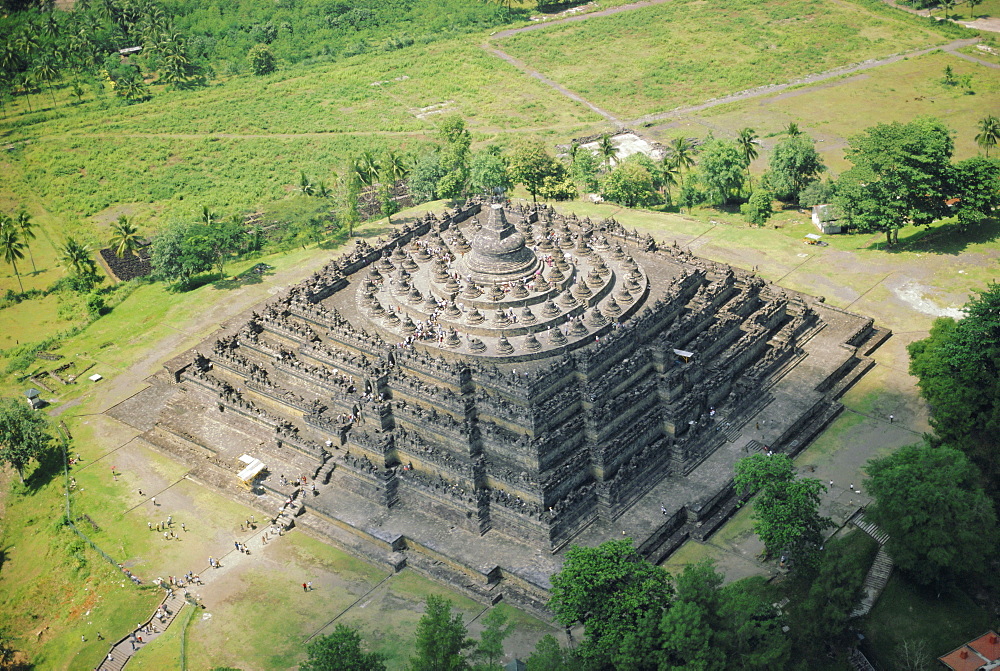 Aerial view of Borobudur (Buddhist) Temple, Java, Indonesia, Asia