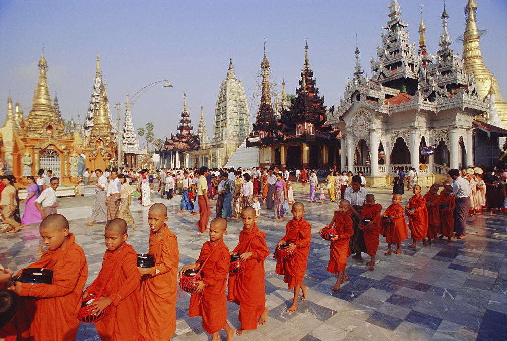 Line of Buddhist monks with begging bowls, Shwedagon (Shwe Dagon) Pagoda, Yangon (Rangoon), Myanmar (Burma), Asia