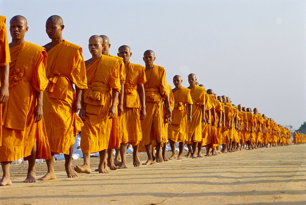 Line of monks in procession, Thailand, Southeast Asia, Asia