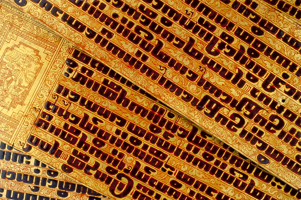 Close-up of Buddhist texts, Myanmar (Burma), Asia