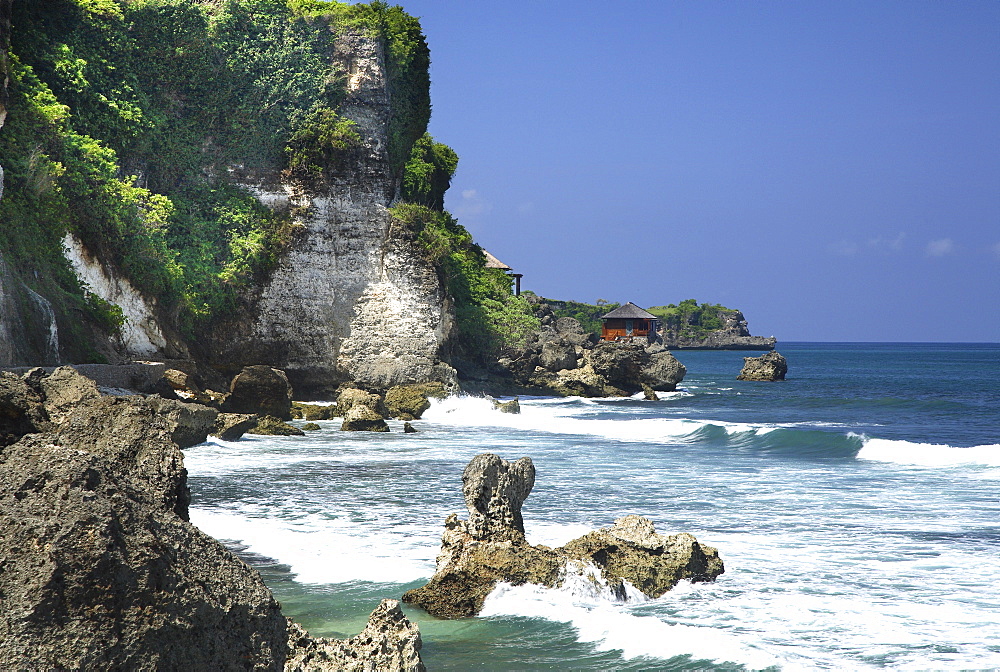 View of the ocean with Spa On the Rocks at Ayana Resort and Spa, Bali, Indonesia, Southeast Asia, Asia